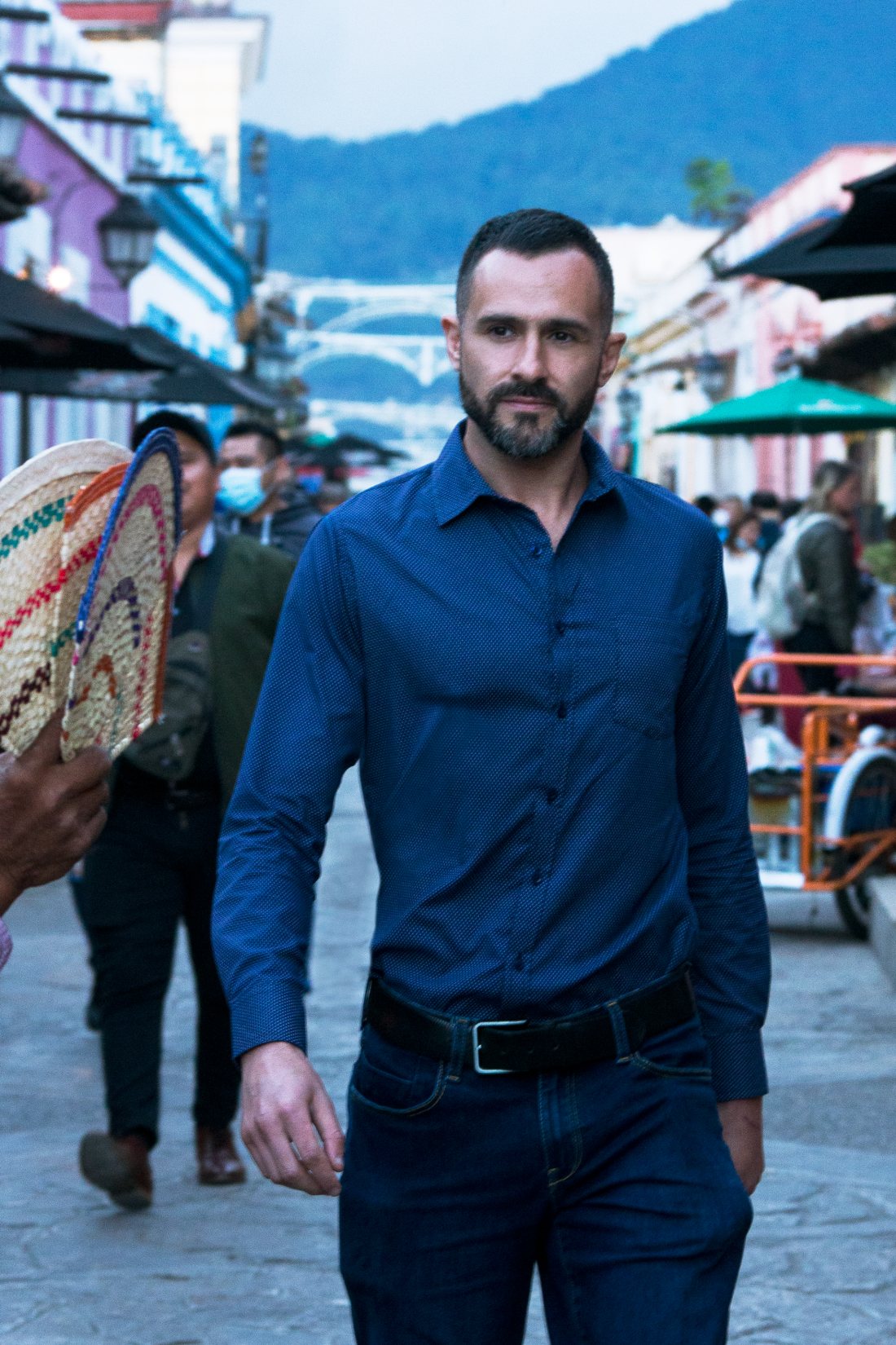 Chad Elliott Fahlman walking a street in San Cristóbal de las Casas, Chiapas, Mexico