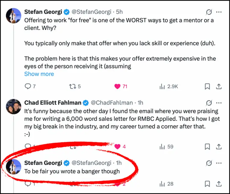 Stefan Georgi praising a sales letter that I wrote for RMBC Applied.